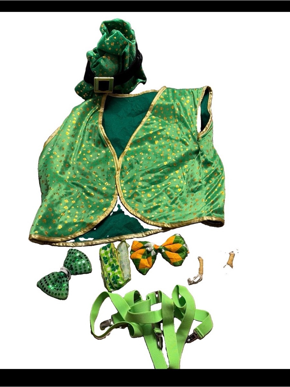 VTG costume Halloween St. Patrick's Day vest hat bow ties suspenders fabric  lot